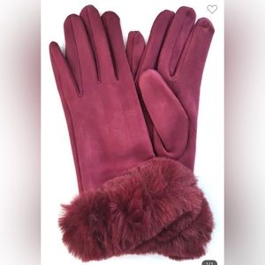 Maroon Burgundy Faux fur trimmed texting gloves